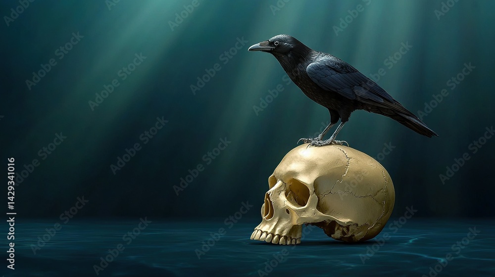 Black bird on skull in water, sunlight streaming through