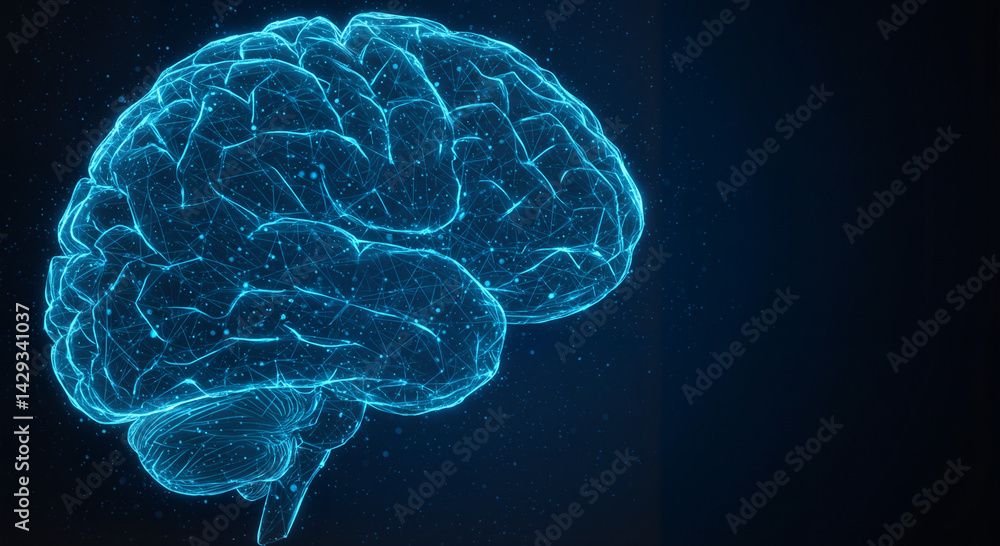 Neon blue stylized brain illustration with digital connections and copy space Neon blue stylized brain illustration with digital connections and copy space