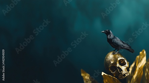 Obraz na płótnie A black bird perched atop a golden skull against a blue backdrop, surrounded by golden leaves w salonie
