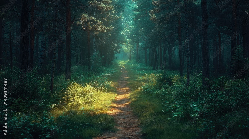 Sunlit Path Through a Lush Green Forest Sunlit Path Through a Lush Green Forest
