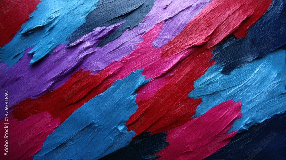 Obraz premium Bright and Bold Abstract Painting with Vibrant Brushstrokes in Blue Red Purple and Pink Colors