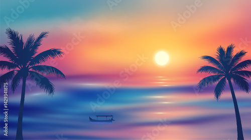 Vector Tropical Ocean Sunset with Smooth Water and Boat Silhouette in Spectrum Gradient Colors