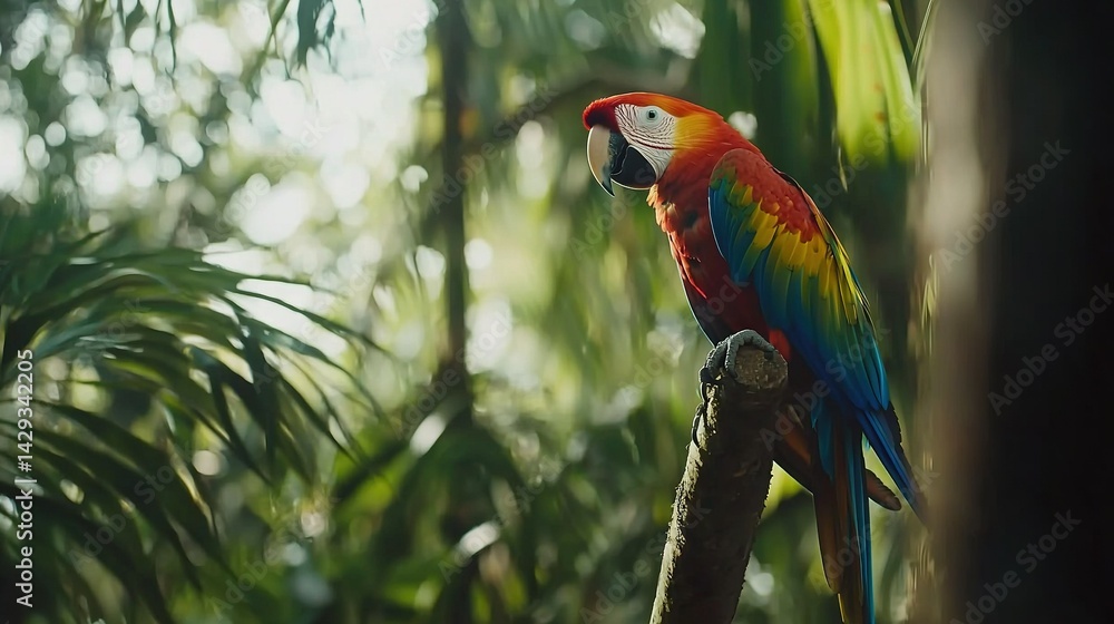 Parrot perched atop lush, leafy forest canopy