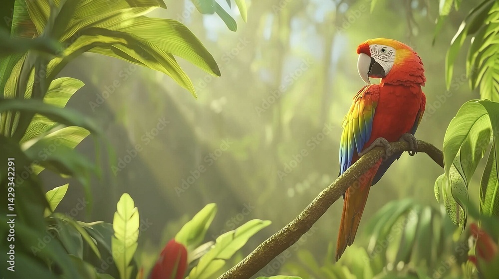 A vibrant bird resting atop a green-leafed tree, accompanied by a radiant parrot on another branch