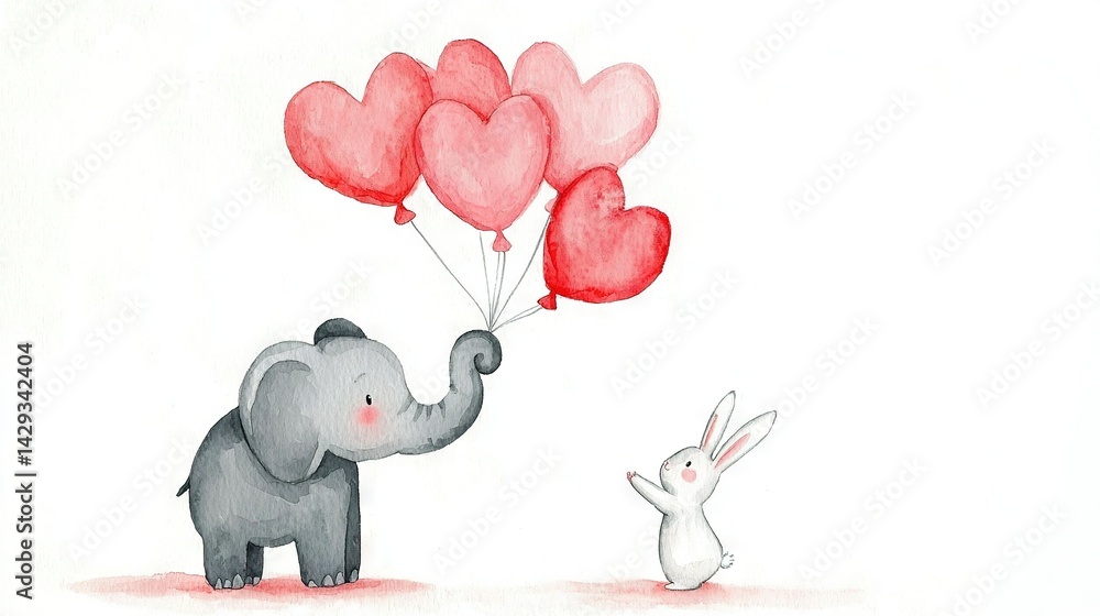 An image of an elephant carrying heart-shaped balloons, in front of a rabbit with a heart-shaped balloon
