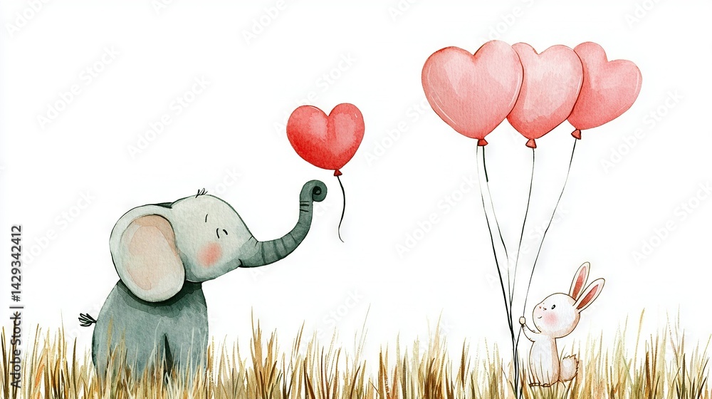 Elephant and Rabbit with Red Heart Balloons in Grass, Foreground Bunny
