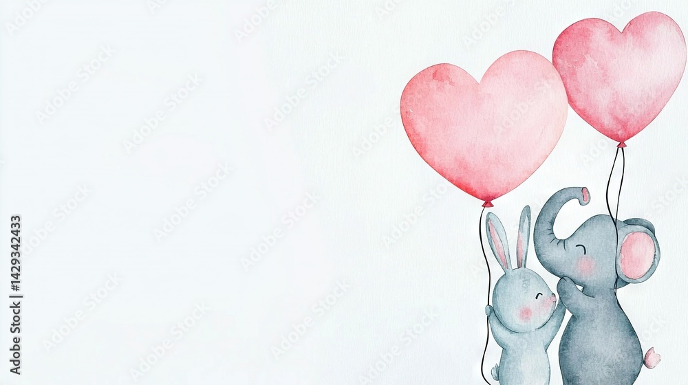 Elephants with heart-shaped balloons - Two elephants hold heart-shaped balloons while a smaller elephant holds a heart-shaped balloon