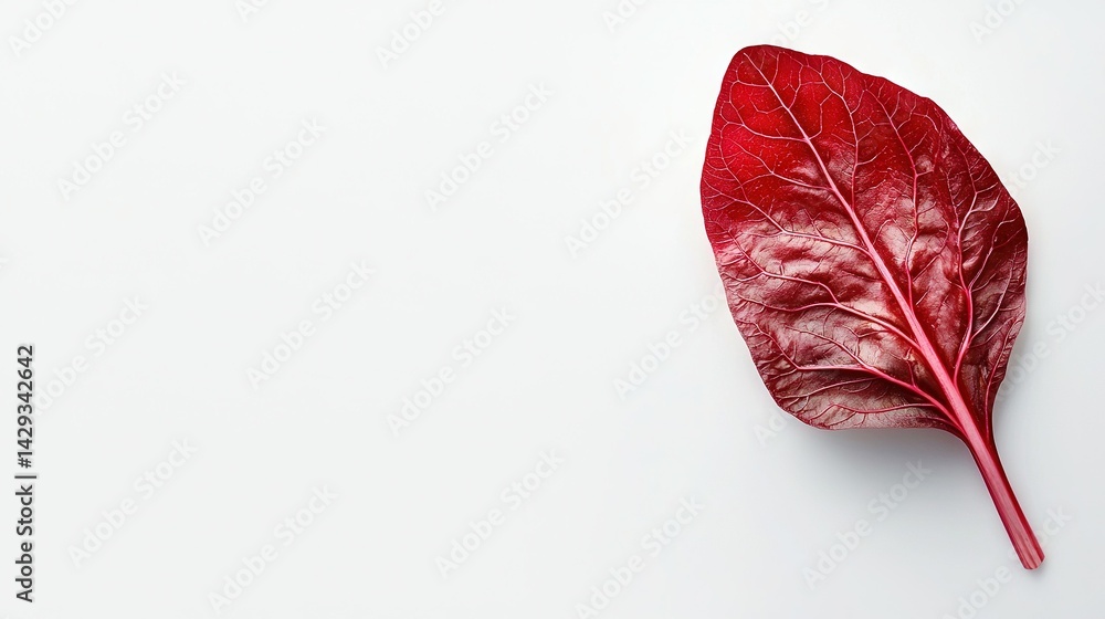 Red leaf on white table with broccoli on white surface