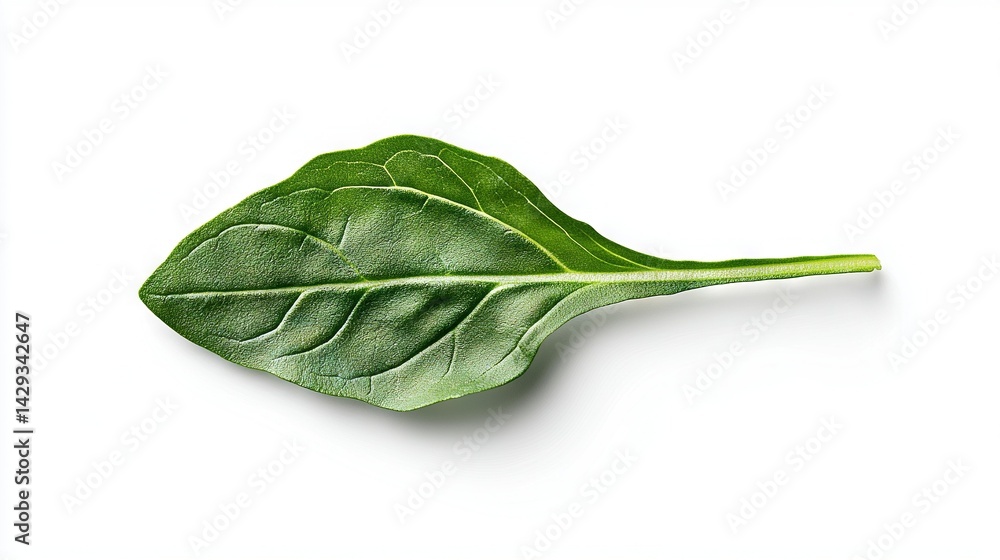 Green leaf on white background with shadows of leaves on both sides