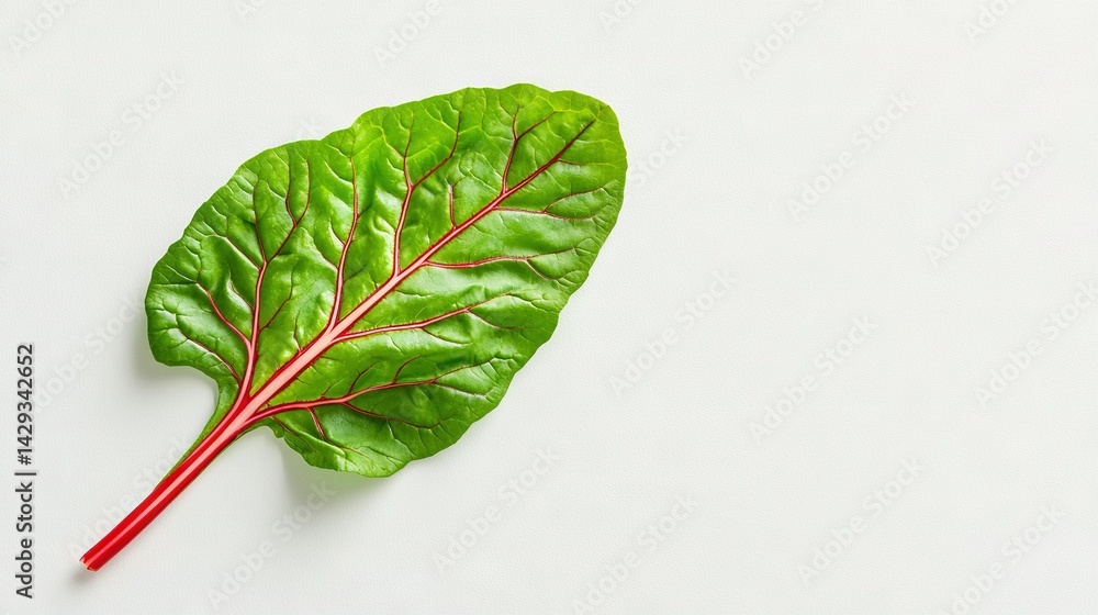 A close-up of a spinach leaf on a white surface with a red stem protruding