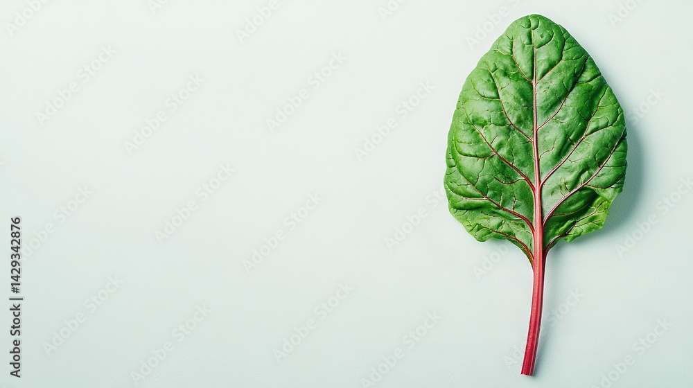 A close-up of a red-stemmed spinach leaf on a white background