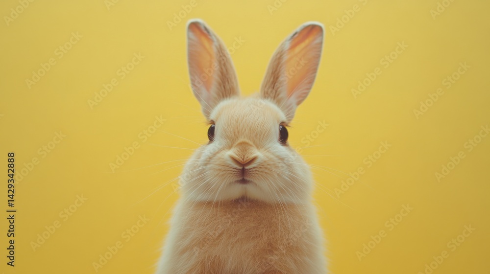 Fluffy tan bunny with gentle whiskers, centered on a soft pastel yellow background Fluffy tan bunny with gentle whiskers, centered on a soft pastel yellow background