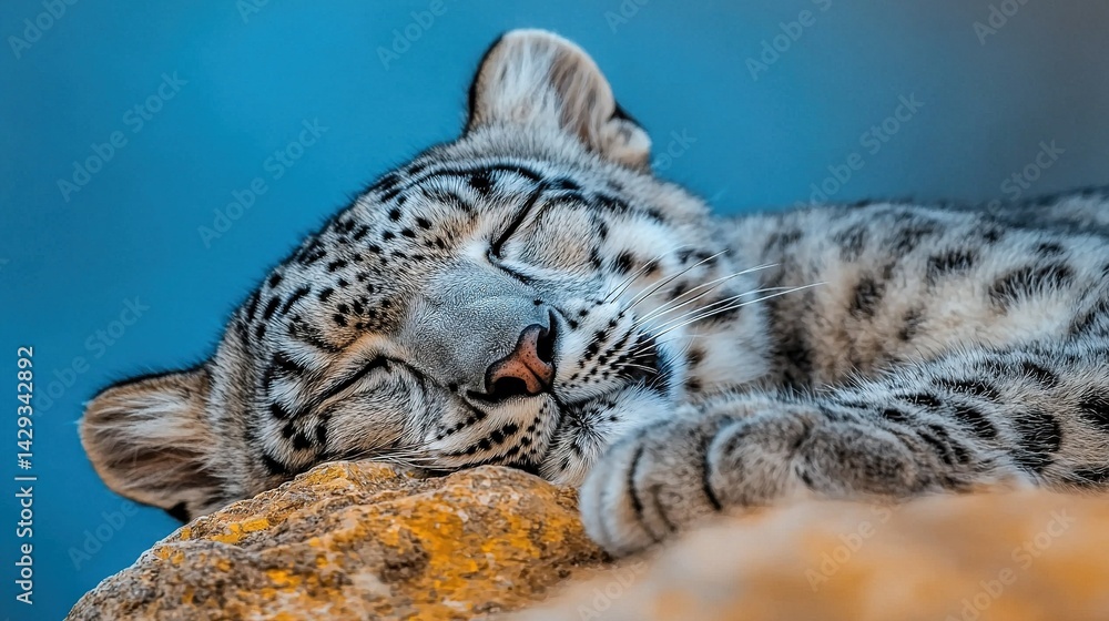 A cat rests its head on its paw in a close-up shot on a rock