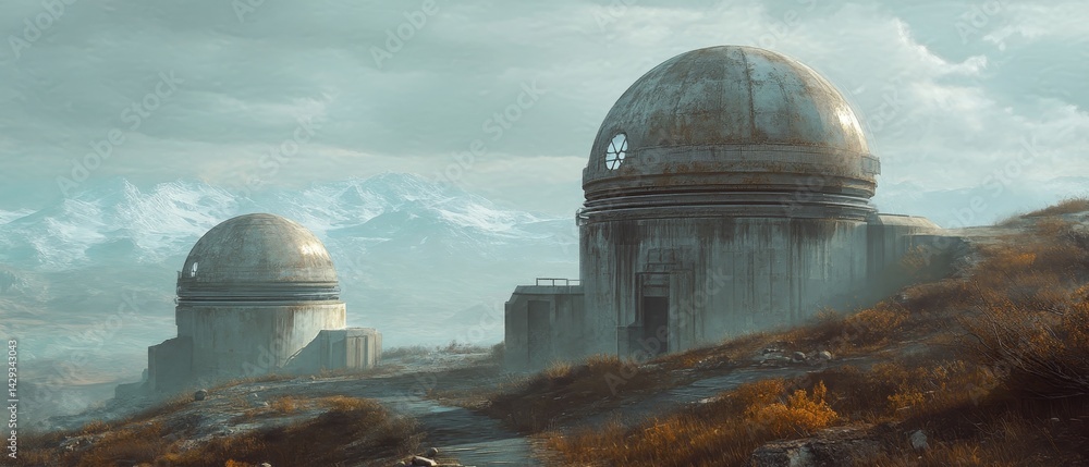 Two domed buildings are on a hillside, with a snowy mountain in the background