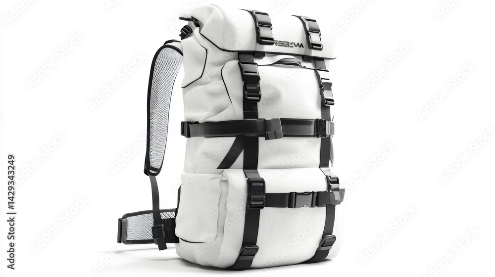 White travel backpack with intricate graphic details, reflective strips, and padded shoulder straps, isolate on white background White travel backpack with intricate graphic details, reflective strips, and padded shoulder straps, isolate on white background