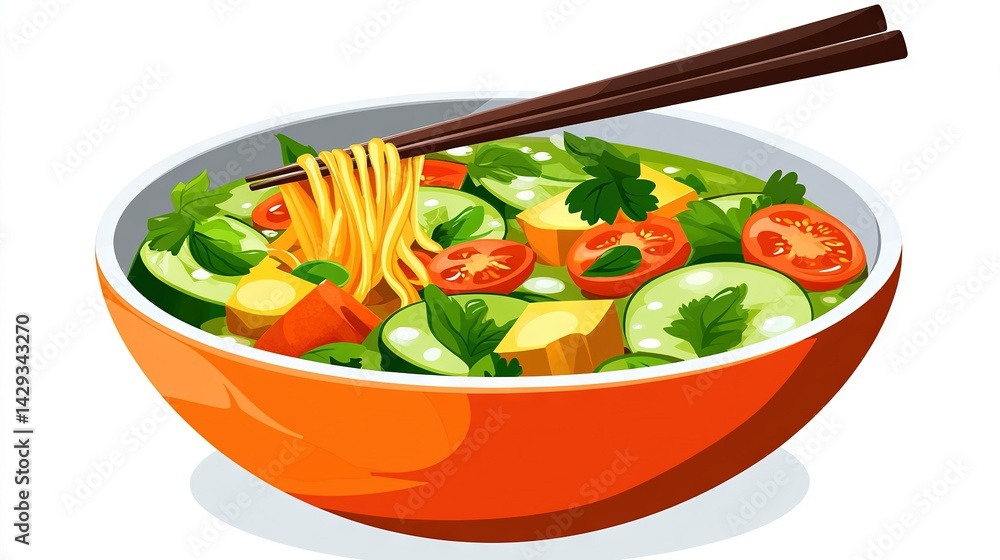 A bowl of vegetables with chopsticks and a wooden spoon protruding from one of the bowls