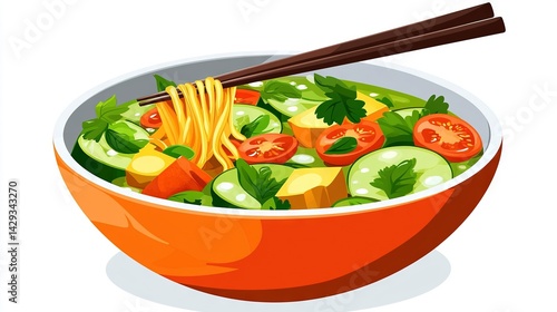Obraz na płótnie A bowl of vegetables with chopsticks and a wooden spoon protruding from one of the bowls w salonie