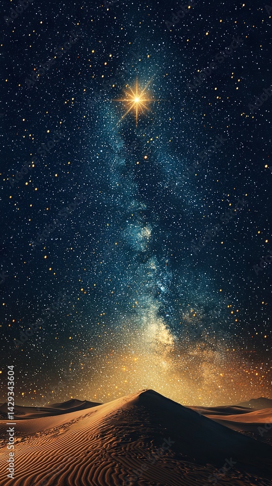 A night sky filled with stars, illuminated by a radiant star at its center