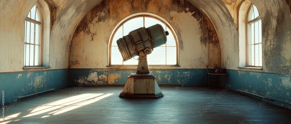 A large telescope is sitting in the middle of a room with a blue wall