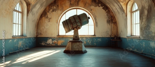 Obraz na płótnie A large telescope is sitting in the middle of a room with a blue wall w salonie