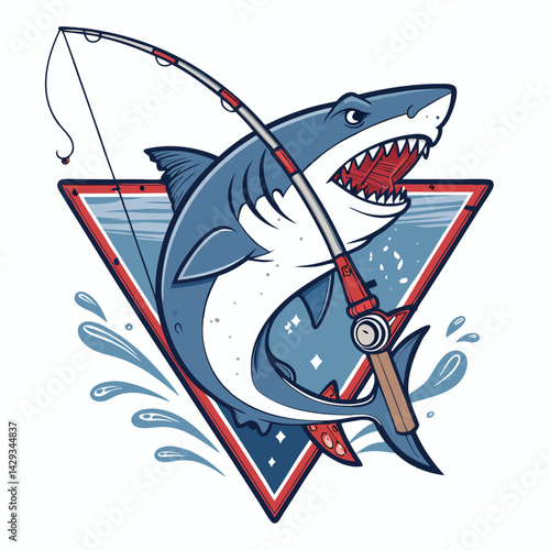 A cartoon shark with toothy grin fiercely biting a fishing rod inside a vibrant, equilateral triangle.  Surrounding the triangle, bubbles and water splashes.