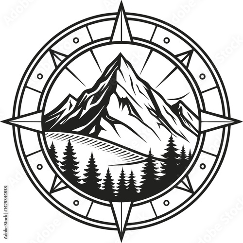 Black and White Mountains Pine Trees Compass Rose Detailed Line Art Ornate Borders Vintage Style Wood Engraving