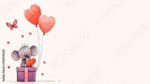   An illustration featuring an adorable watercolor elephant inside a gift box with heart-shaped decorations, accompanied by a graceful butterfly against a pure white backdrop