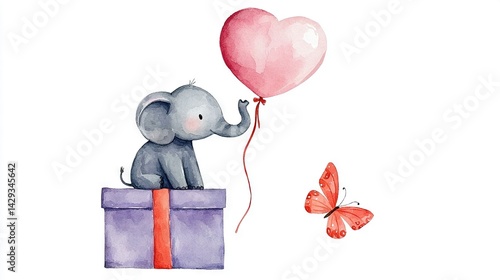   A painting of a baby elephant holding a heart-shaped balloon with a butterfly on its back