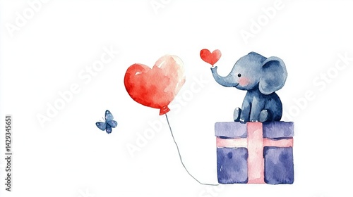   An elegant watercolor depiction of an elephant seated atop a gift with a heart-shaped balloon and a graceful butterfly fluttering nearby