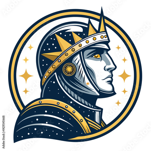 Create a detailed illustration of a celestial knight's head, adorned with a star-shaped crown, emanating a radiant glow.  Focus on intricate details and a sense of ethereal power.
