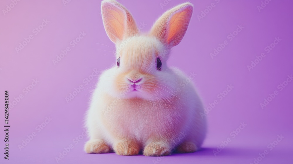 Fluffy white and tan rabbit, sitting peacefully on a lavender background Fluffy white and tan rabbit, sitting peacefully on a lavender background