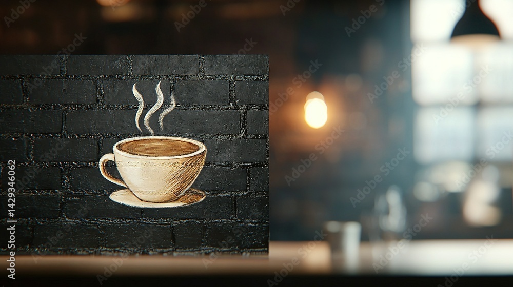 A photo of a coffee cup perched atop a table beside a brick wall and resting atop it is displayed