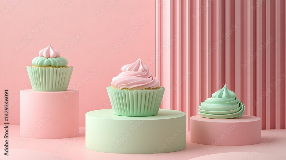 Cupcakes stacked atop a cake stand against a pink backdrop