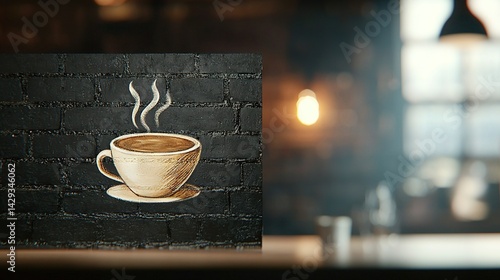 Obraz na płótnie A photo of a coffee cup perched atop a table beside a brick wall and resting atop it is displayed w salonie
