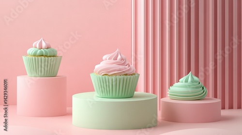 Obraz na płótnie Cupcakes stacked atop a cake stand against a pink backdrop w salonie