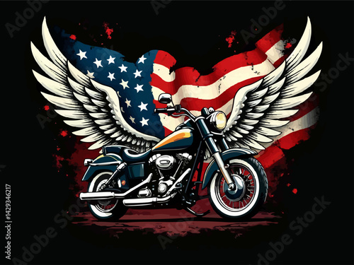 Vector design with drawing
biker motorcycle with torn national usa flag, wings 
on black background. 
Fashion t-shirt print in american style
for fabric, paper, men clothing,
hoodie, biker jacket. 