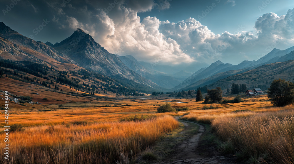 The image depicts a picturesque mountain landscape with rolling hills covered in golden grass