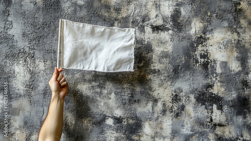 A person holds out a white flag into the air symbolizing surrender peace or the act of relinquishing control in a conflict a powerful gesture of humility resolution or emotional release

 photo