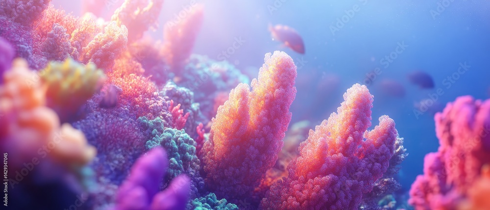 A colorful coral reef with a variety of fish swimming around