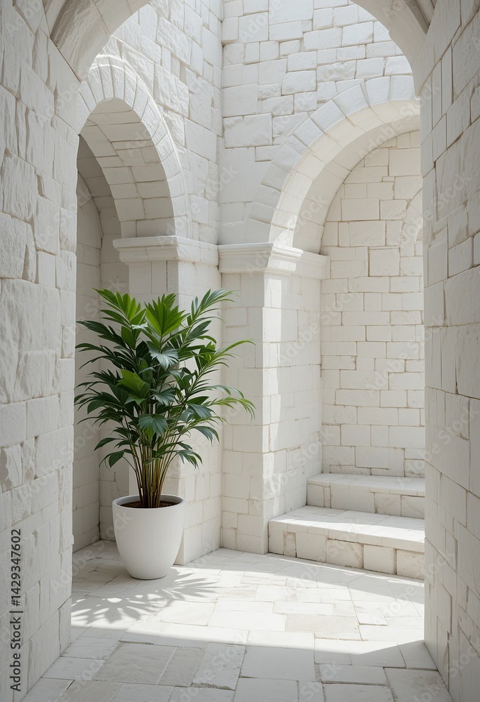 Fototapeta premium White architectural space featuring arches and a potted plant, creating a serene and minimalistic indoor scene with abundant natural light.