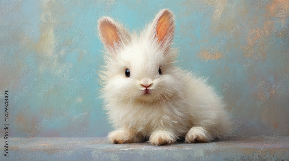 Obraz premium Fluffy white bunny with tiny paws, positioned on a soft pastel blue background 