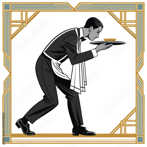 A sophisticated waiter in a formal restaurant setting, gracefully bowing while presenting a laden silver tray.  Focus on the elegant service and the details of the attire.