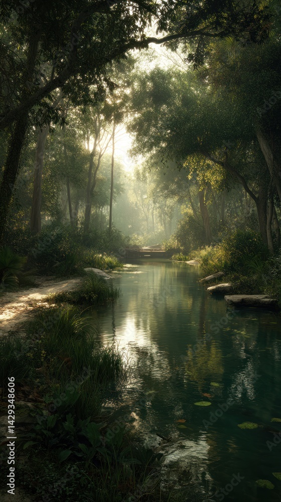 Obraz premium Misty forest stream path