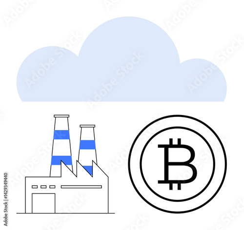 Cloud element above factory and Bitcoin symbol, representing cloud computing, blockchain, and industrial synergy. Ideal for fintech, industry 4.0, innovation, digital transformation economy