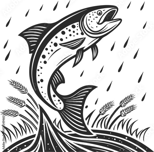 Trout fish jumping woodcut engraving black white detailed illustration stormy clouds water splashes waves wheat stalks dramatic textured artwork