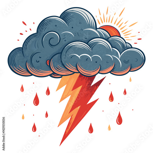 Render a dramatic image of a fiery, thunderous cloud unleashing incandescent rain.  Focus on the intense contrast of dark clouds and bright flames.