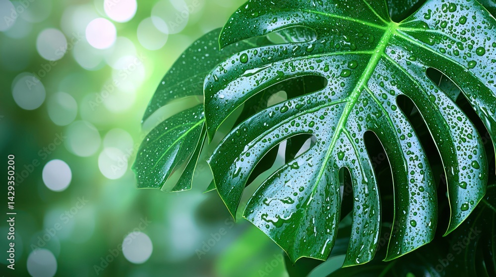 Obraz premium Monstera leaf with water droplets, bokeh green background