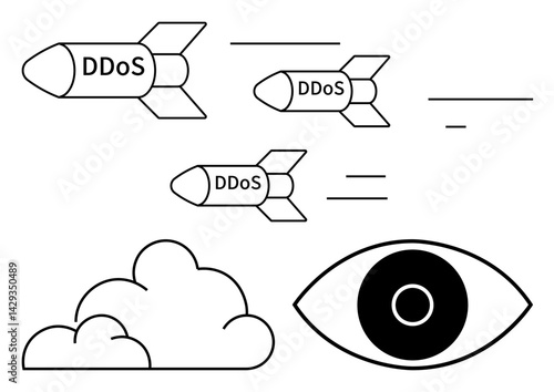 DDoS missiles flying toward an observing eye and cloud. Ideal for cybersecurity, internet threats, data overload, hacking risks, protection strategies, network attacks, simple landing page
