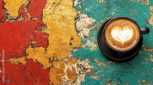   A vibrant cappuccino with a heart-shaped design atop a colorful wall featuring chipped paint