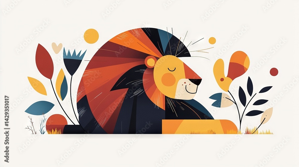 Fototapeta premium A picture of a sleeping lion surrounded by plants in the foreground and background